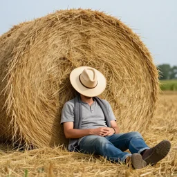 man sitting and sleeping at the base of a giant haystack, his wide-brimmed hat pulled over his eyes, highly detailed,