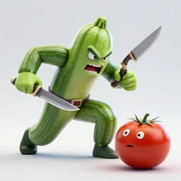 detailed 3 d render of a furious zucchini assassin character at war with a timid tomato, high speed action, knives flying, explosions, blood, dramatic scene, hyper realistic octane render, cinematic lighting, deviantart, pop - surrealism, lowbrow, frame from pixar movie
