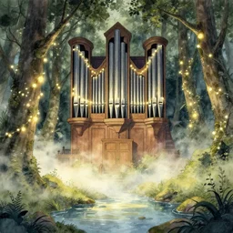 pipe organ forest with fairy lights, light ground fog, river, detailed fantasy watercolor comic style, subtle colors, by tony sart