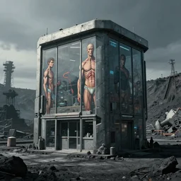 a big modern box / booth stands next to a coal mine. storyboard, scifi cyberpunk. by gabriel hardman, joe alves, chris bonura. cinematic atmosphere, detailed and intricate, perfect anatomy
