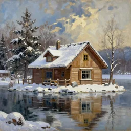 an oil painting of a lakehouse in the winter painted by salvador dali, high detail,