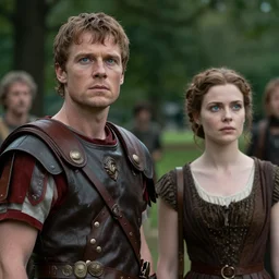 sharp, highly detailed, film from a 2 0 1 9 sci fi 8 k movie, time travelers suddenly appear in a park in 2 0 1 9, a man from the roman empire and a woman from 1 9 5 0, each wearing correct era clothes, atmospheric lighting, in focus, reflective eyes, 3 5 mm macro lens, live action, nice composition