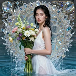 portrait of a beautiful woman wearing a white dress, holding a bouquet of flowing flowers, drenched body, wet dripping hair, emerging from the water, fantasy, regal, fractal crystal, fractal gems, by stanley artgerm lau, thomas kindkade, alphonse mucha, loish, norman rockwell