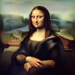 a portrait of a long haired brunette woman painted in italian chiaroscuro renaissance style 1 4 8 0 year. the woman in the painting is shown seated with her hands folded in her lap. she is wearing a simple dress with a pattern of flowers. her hair is pulled back from her face and she has a small, faint smile. the background of the painting is a landscape of rolling hills and mountains. the sky is a light blue, and there are small clouds in the distance.