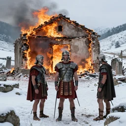 regretful roman soldiers standing outside the burning ruins of a house in a snow covered valley, beautiful lighting, cinematic composition, sharp