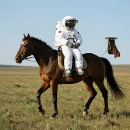 astronaut walking with horse on his back