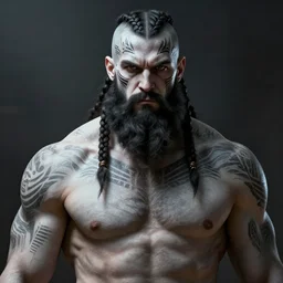 concept art of a tall muscular man, with a full black beard, barbarian with white and gray skin, short hair on sides of head, braided hair on top of head, tribal tattoos on head and chest and back, grog, upper body portrait, style by donato giancola, wayne reynolds, jeff easley dramatic light, high detail, cinematic lighting, artstation, dungeons and dragons
