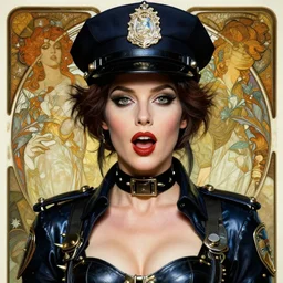 striking sensual exotic art nouveau style portrait of anjelica huston as an industrial metalpunk police officer by glenn fabry, simon bisley and alphonse mucha, photorealism, extremely hyperdetailed, perfect symmetrical facial features, perfect anatomy, ornate declotage, spikes, latex, excited expression, wild eyes