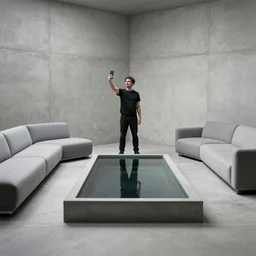 a man taking a selfie in a minimalistic concrete room with upholstered sofas and a rectangular water feature in the center, a tilt shift photo by leandro erlich, featured on cg society, kitsch movement, hall of mirrors, high dynamic range, studio portrait