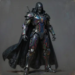 dark cyborg armour made of intricate complex circuitry and microchips, iridescent, black cloak, warrior assassin!!!, black full body, colorful, intricate linework, gothic baroque, intimidating athletic stance, magical, realistic oil painting, artstation, rutkowski, wlop, chebokha, artgerm