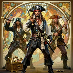 pirates defending their treasure, art by artgerm and greg rutkowski and alphonse mucha, concept art, octane render, unreal engine 5, highly detailed, high quality, 8 k, soft lighting, path traced