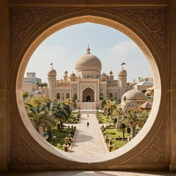 fantasy land through round gateway, arabic, highly detailed, intricate, french rococo