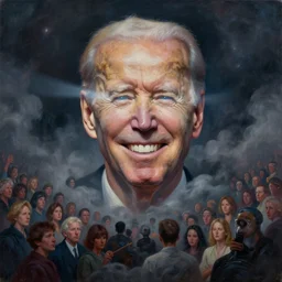 abstract painting of grinning!!!!! Joe Biden head emerging from thick dark clouds, immense crowd of varied people, cosmic!!!!!! horror , trending on ArtStation, masterpiece, by Greg Rutkowski, by Ross Tran, by Fenghua Zhong, octane, lightbeam eyes, soft render, clear facial features, oil on canvas, moody lighting, cinematic, professional detailed environmental concept art