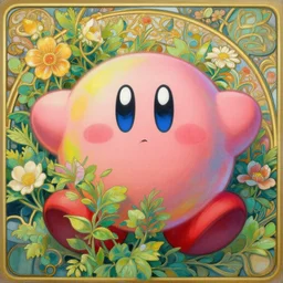 a painted portrait of kirby behind a bush, fluffy, rainbow - laque, flowers, leaves, intricate, elegant, detailed, digital painting, concept art, smooth, sharp focus, painting by sho murase, alfred kubin, alfonse mucha, trending on artsstation