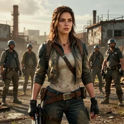fallout 5, charismatic beautiful rugged brunette female protagonist, portrait, outdoors low density industrial zone, atmospheric lighting, painted, intricate, volumetric lighting, beautiful, daytime, sunny weather, slight overcast, golden hour, sharp focus, deep colours, ultra detailed, by leesha hannigan, ross tran, thierry doizon, kai carpenter, ignacio fernandez rios