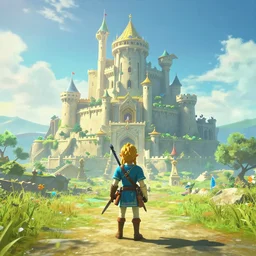 first person perspective establishing shot of Hyrule Castle, legend of Zelda breath of the wild:1|fantasy, horizontal symmetry, cinematic:0.9|Unreal Engine, Octane, finalRender, devfiantArt, artstation, artstation HQ, behance, HD, 16k resolution:0.8