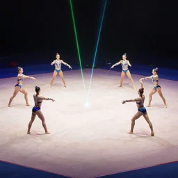 team of gymnasts dodging laser beams, wide angle shot, 8k