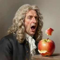 isaac newton shouting at a broken apple, airbrushed caricature, highly detailed, hyper realistic, award winning