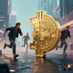 people running scared of bitcoin, cyberpunk art, hyper-realistic, 4k