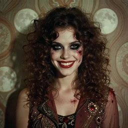 a handsome but creepy, sinister, smiling young woman, with haunted eyes and curly hair, wearing punk clothing, 1 9 7 0 s, seventies, wallpaper, a little blood, moonlight showing injuries, delicate embellishments, painterly, offset printing technique