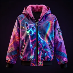 autumn season rave jacket with led skin and fluffy lining in the style of cyberdog, futuristic psychedelic hippy, product shot, dark background