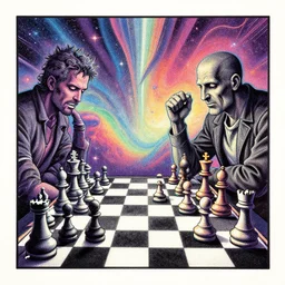 chess tournament, psychedelic grainshading print, moebius, richard corben, wayne barlowe, galactic light colors