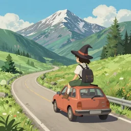 young student witch on a summer roadtrip through the mountains, by hong soonsang, concept art, digital art, trending on artstation, pixiv, illustration, studio ghibli