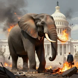 an elephant in a business suit burns down the capitol building, highly detailed digital painting, artstation, concept art, smooth, sharp focus, illustration, art by artgerm and greg rutkowski and alphonse mucha