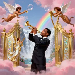 Louis Armstrong as Gabriel blowing his horn at the Pearly Gates of Heaven, pink tinged heavenly clouds, beautiful buxom angels in bikinis flying around his head blowing iridescent soap bubbles, Halle Berry as an angel with a harp wearing golden white robes, ornate tall golden gates adorned with iridescent mother of pearl inlay,  Behind the gates is a beautiful waterfall and rainbow, by Michaelangelo and Thomas Kinkade, trending on artstation, matte painting