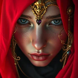 close up portrait of a necromancer girl, by tom bagshaw, red fabric, portrait of fiber amethyst weaving into strands of gold and brass and iron metal filigree joining into carbon fiber strands, fractal shapes, dramatic lighting, ultra detail, close up, dof, smooth render, cinematic, octane render, art nouveau
