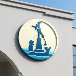 company logo on a building showing a mermaid drilling a water well,