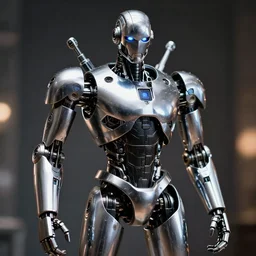 A studio portrait of Bane from the movie The Dark Knight Rises (2012) as a chrome-plated robot, highly detailed, bokeh, 90mm, f/1.4