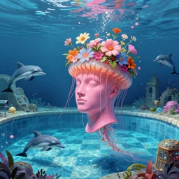 tim hildebrandt, jellyfish, sunken ruins of a pink mannequin head, trending on artstation, highly detailed, vaporwave surreal ocean, dolphins, pool, checkerboard pattern underwater, cuastics, award winning masterpiece with incredible details, artstation, a surreal vaporwave vaporwave painting by thomas cole, flowers growing out of its head, sinking underwater, highly detailed