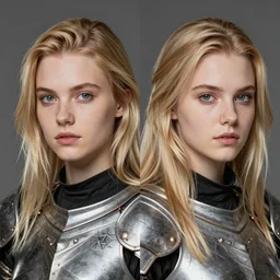 Symmetrical headshot portrait of young blonde paladin woman, in style of CloverWorks