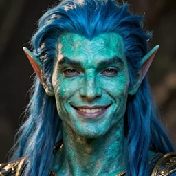 a face portrait of a humanoid male with turquois colored skin!, slight smile, triton race from d & d, gills on his neck, long blue hair, smiling, style by donato giancola, wayne reynolds, jeff easley dramatic light, high detail, cinematic lighting, artstation, dungeons and dragons
