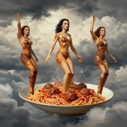 3 0 perfect woman bodies flying inside spaghetti bolognesa with meatballs and hundred rusted perfect woman bodies flying in stormy clouds by dali, hyper - realism