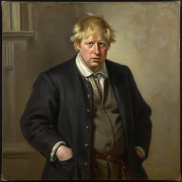 boris johnson as a 1 2 th century peasant in england, painting, exhibited at british museum, oil on canvas, restored