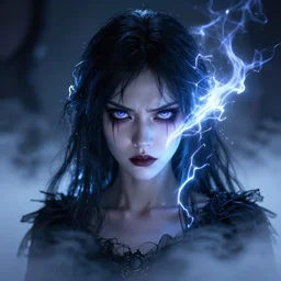 photorealistic full shot portrait of angry darkness anime girl, beautifull lovely eye, electric aura, inspired by tim burton, detailed, unreal engine 4 k, volumetric light, fog