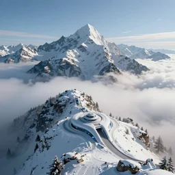 a hyper detailed photo of a beautiful winter mountain range above the clouds, futuristic base, photorealistic, unreal engine 5, 8 k post production, cinematographic, ray tracing, v - ray, octane render, go pro, artstation trending, concept art