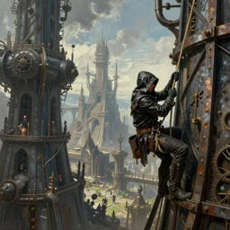landscape painting of a hooded thief in leathers using a rope to climb a tall metal steampunk buildings with a fantasy city, fine details, andreas rocha, magali villeneuve, artgerm, rutkowski