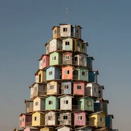 a tower made up of makeshift squatter shacks with pastel colours, vibrant, phase one, uniform plain sky, fine details, photographed by salvador dali and ansel adams