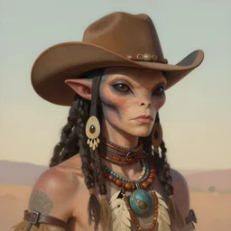 portrait painting of a tribal alien cowboy. muted colors, soft gradients. trending on artstation. retrofuturism.