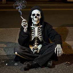 a skeleton in a hoodie sitting on the street smoking a cigarette at night