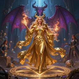 a beautiful witch in golden clothes standing inside a pentagram, summoning a powerful demon, artstation, colorful, detailed, fantasy digital art, beautiful composition, masterpiece, artstation by wlop and ross tran and greg rutkowski