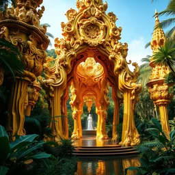 photography of liquid gold sculpture in the jungle, great arches and ornaments, massive in its scale, architectural photography by iwan baan