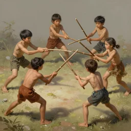 half dozen kids playing with sticks. fight intricate, elegant, highly detailed, digital painting, artstation, concept art, sharp focus, illustration, by justin gerard and artgerm, 8 k