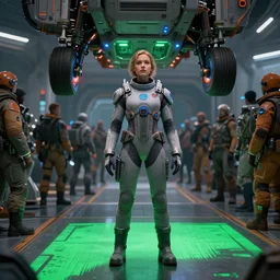 girl in the sci - fi suit, people crowd, spaceport, landing gear, gray colour : 7 0 %, orange colour : 1 0 %, blue lights and glow : 2 0 %, green colour sharp pattern on the floor, avatar, cinematic keyframe. by fausto de martini, wadim kashin. ultra realistic, cinematic light, ue 5, featured on artstation, octane render, sharp focus, ray tracing, artstationhq, cgsociety, cinematic 8 k