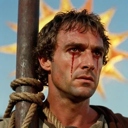 1 9 6 0 s movie still close - up of marcus atilius regulus tied with ropes at pole in direction of the burning sun with blood flowing down his eyes cinestill 8 0 0 t 3 5 mm eastmancolor, high quality, heavy grain, high detail, texture, dramatic light, anamorphic, hyperrealistic, detailed hair