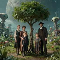 sharp, highly detailed, film from a 2 0 1 9 sci fi 1 6 k movie, set in 1 8 6 0, family standing next to a small alien tree, in a park on a strange alien planet, surrounded by alien plants, wearing 1 8 6 0 s clothes, atmospheric lighting, in focus, reflective eyes, 3 5 mm macro lens, live action, nice composition