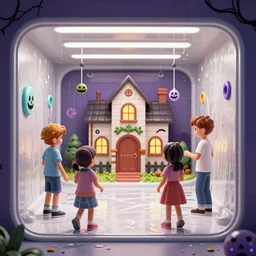 view inside a family - friendly car wash for kids with a spooky fun house theme, promotional photo